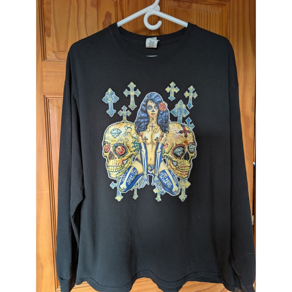 Gildan Mens XL Long Sleeve Graphic T-Shirt Black Skull Cross Day of the Dead